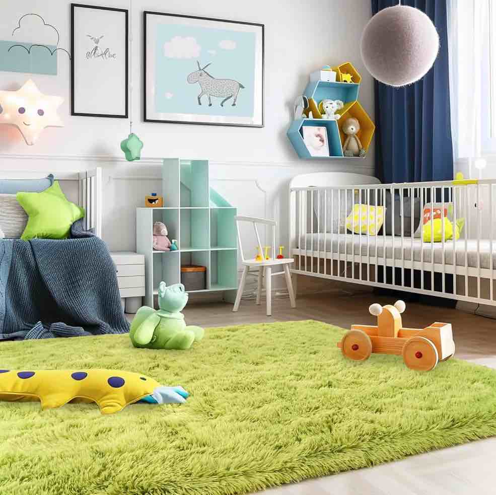 Condition photo showing Good Condition for Sanmadrola Super Soft Shaggy Rugs Carpets 2.4x5.2 Feet Plush Area Rugs for Living Room Bedroom Fluffy Rug for Nursery Playroom Dorm Room Shag Plush Rug for Teen Room Decor Green