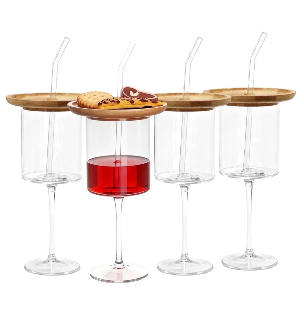 Condition photo showing New/Like New for Nuptio Wine Glasses with Charcuterie Toppers -4PCS Wine Glasses Set with Straw and 4 Hole Bamboo Appetizer Plates for Bars Party Housewarming Wine Lover Gifts