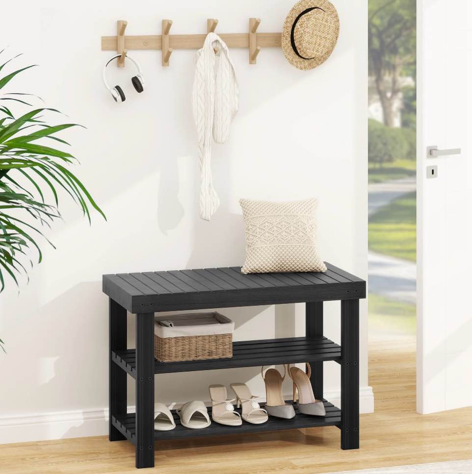 EDX 3-Tier Bamboo Shoe Rack Bench, 11.3 x 27.6 x 17.8 Inches Compact Storage Organizer with 286lb Capacity for Entryway, Bedroom and Living Room, Black