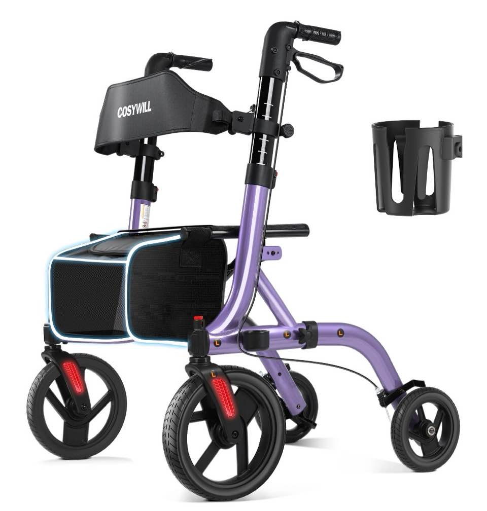 COSYWILL Walker with Seat,Foldable Rollator Walker,10" Wheels,Height Adjustable,Removable Back Support, 300 lbs,Purple