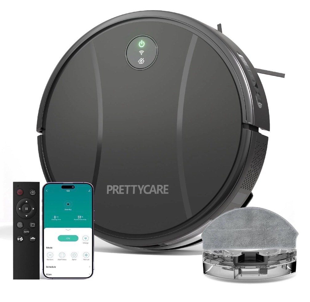 Prettycare C2 2 in 1 Robot Vacuum and Mop Combo Cleaner, Black