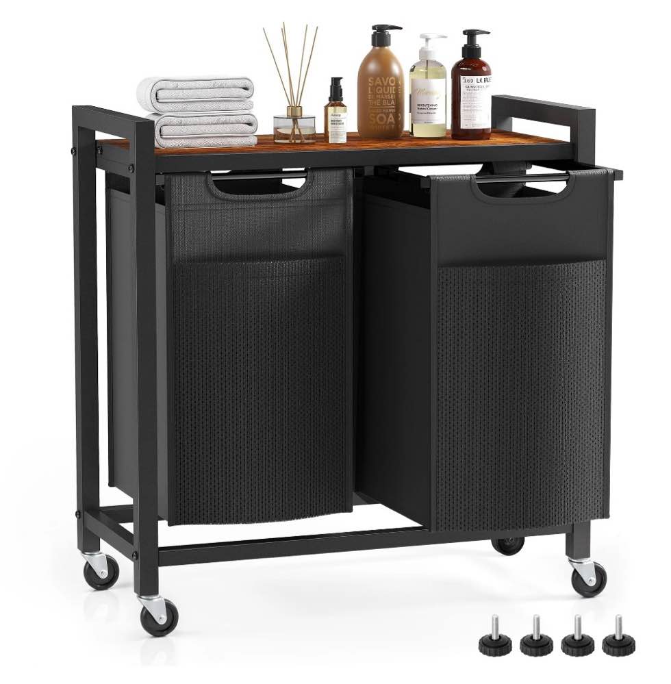 edx Laundry Hamper with 2 Pull-Out Removable Laundry Bags Clothes Sorter with Shelf and Wheels(Adjustable feet)  2 x 11.2 Gallons (42.5 Liters) for Laundry Rooms  Bathrooms and Dorms