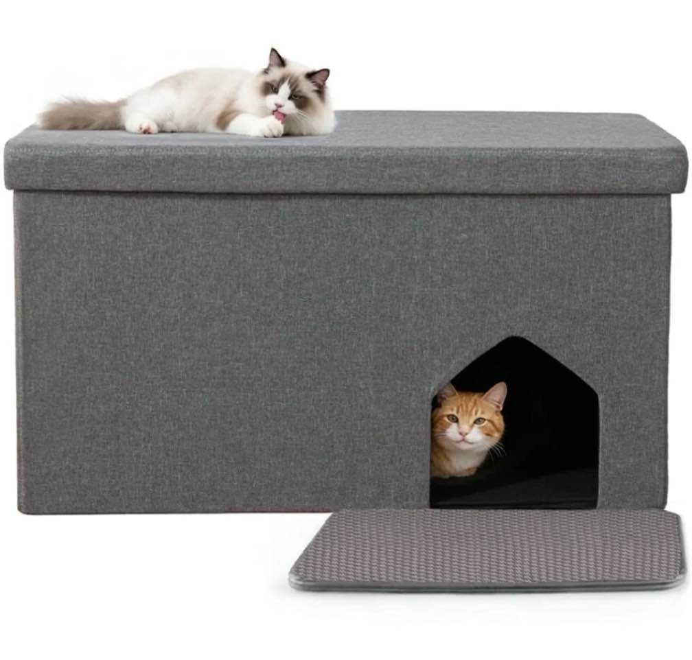 Cat Litter Box Enclosure Hidden Furniture, DOMIPET Foldable Cat Washroom Bench with Storage Space, Large Cabinet Cats Litter Ottoman for Odor Control, Dog Poof
