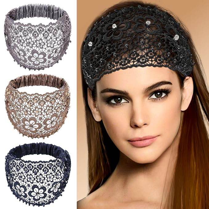 JHJEWH 4 Pcs Wide Lace Headband for Women,Lace Pearl Hollow Elastic Headwrap,Boho Hair Bands,Boho-Ch