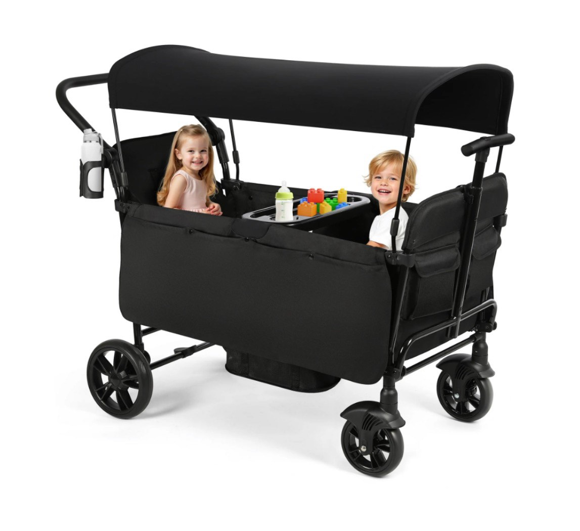 Vomeast Wagon Stroller for Kids, Spacious 2-Seater Stroller Wagon with Adjustable Canopy, Pull & Push Handle, 5-Point Harness, Foldable for Toddlers, Black