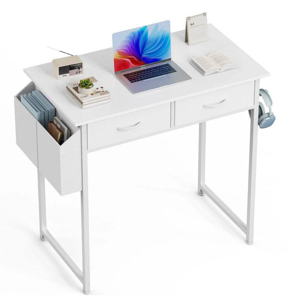 edx Small Desk with Fabric Drawers & Storage Bag Iron Hook, Home Office Computer Desk,White Vanity Desk with Storage for Home, Bedroom, 32 Inch, White