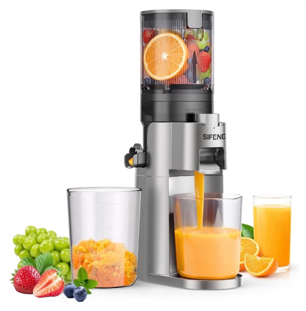 SiFENE Cold Press Juicer: Slow Masticating Juicer Machine for Fruits and Vegetables - Juice Maker with 4.35  Wide Feed Chute  Easy to Clean  150W  Gray