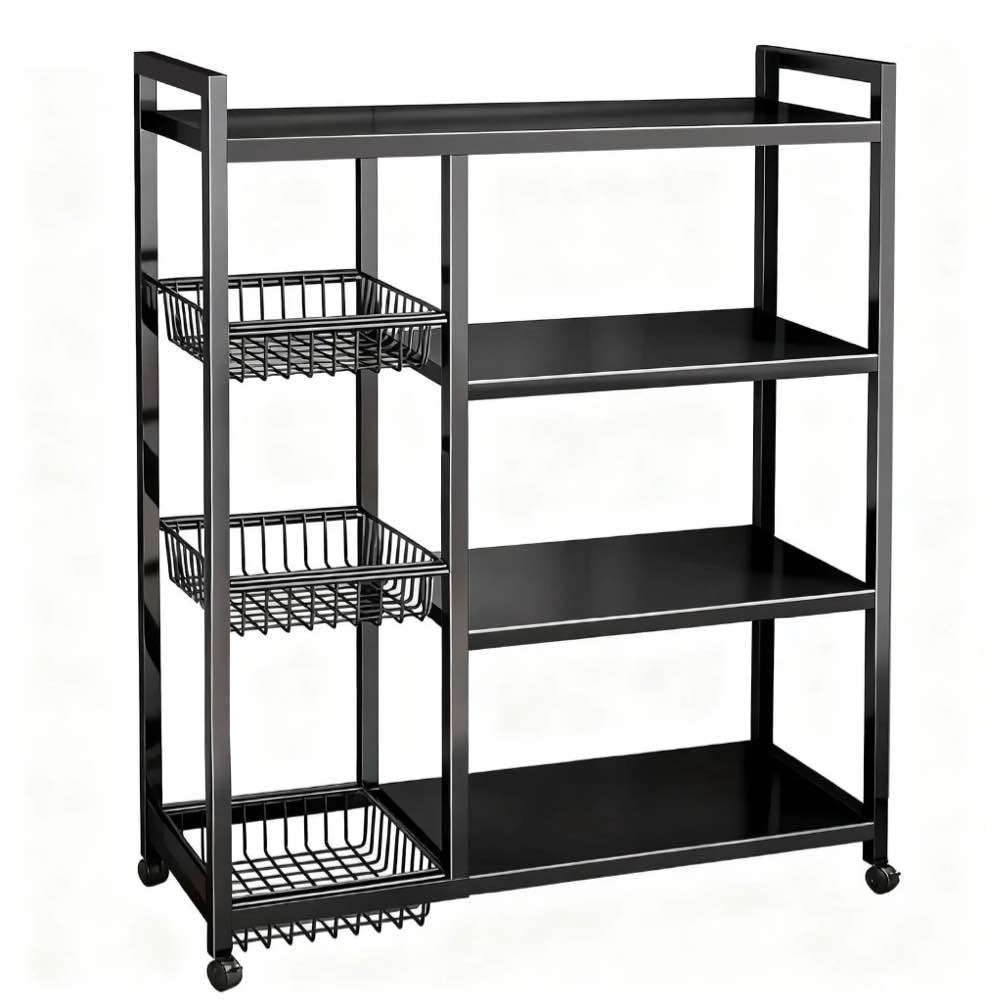 Movable Wire Rack, Heavy-Duty 4-Tier Storage Shelf with 3 Baskets and Wheels, Metal Shelves Organizer for Kitchen, Bathroom, Office, Garage, 31.5''L*12.6''W*42.5''H