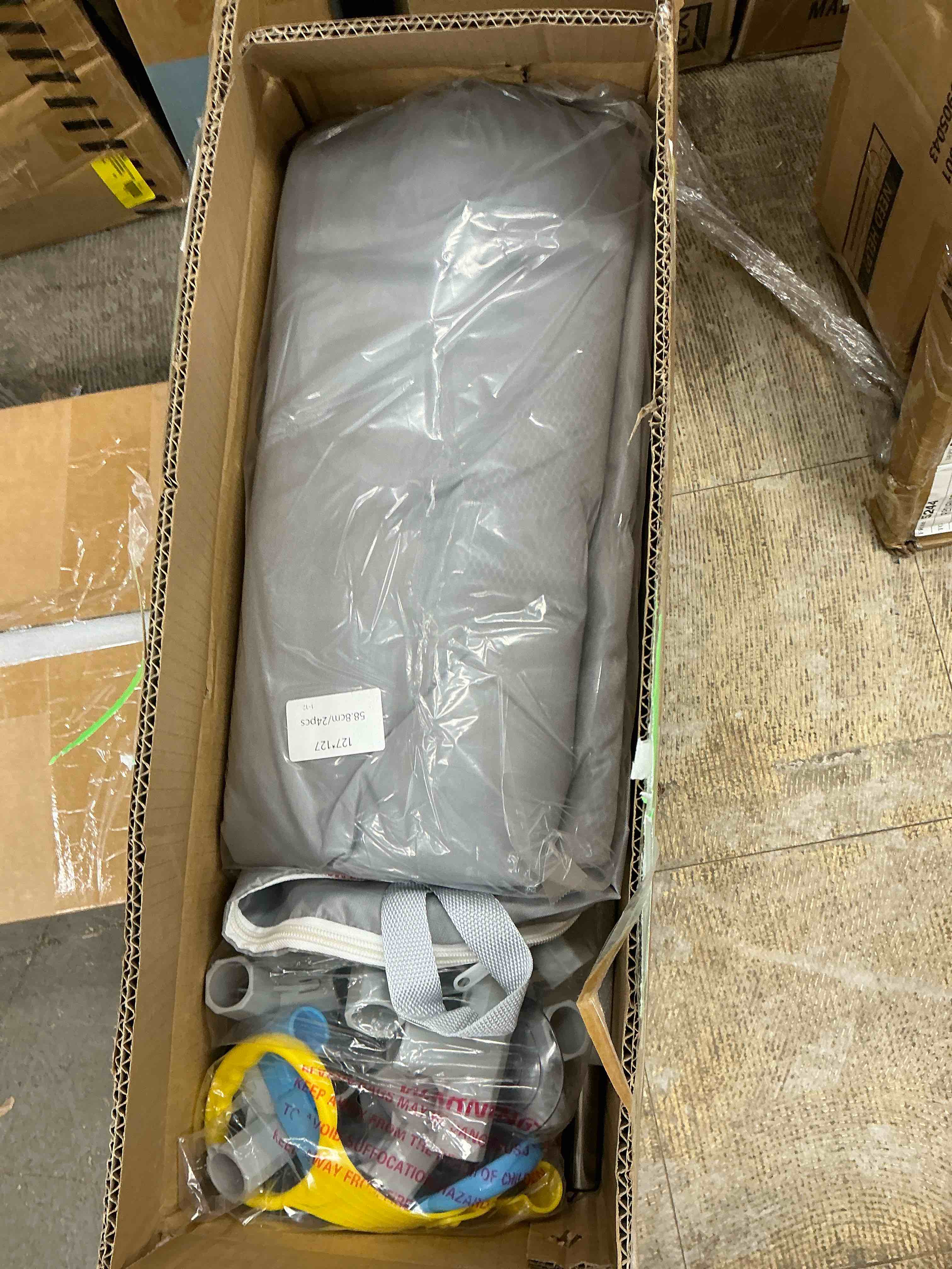 Condition photo showing New/Like New for JoyStone Baby Playpen, 50 x 50 in, Non-Slip Base, Soft Mesh Sides, 2 Pull-up Rings, Carry Bag, Gray