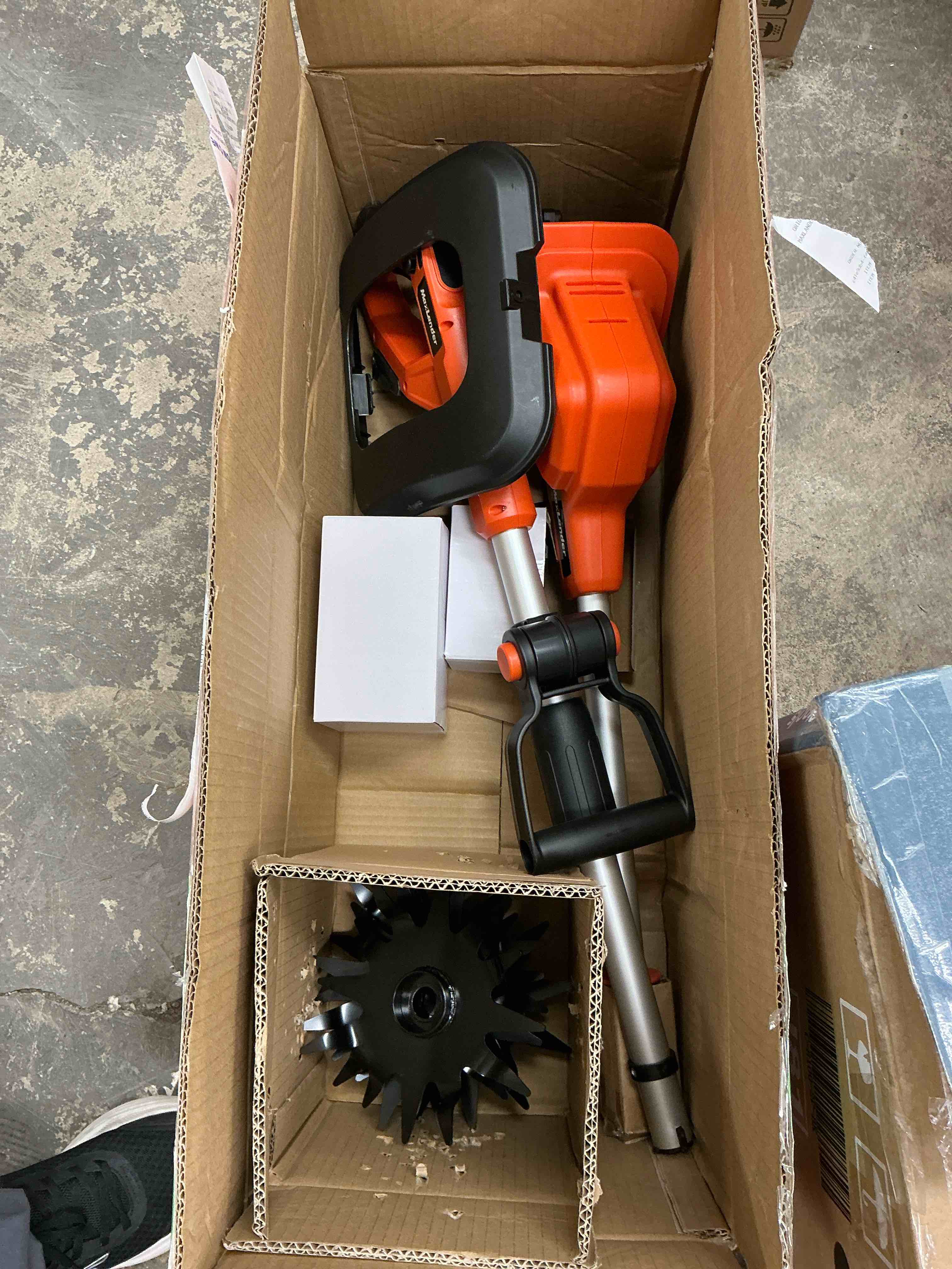 Condition photo showing New/Like New for MAXLANDER 20V Cordless Tiller Cultivator, 9-Inch Electric Garden Tiller with 48 Steel Tines, 360RPM Battery Powered Rototiller for Gardening, 4.0Ah Battery and Charger Included