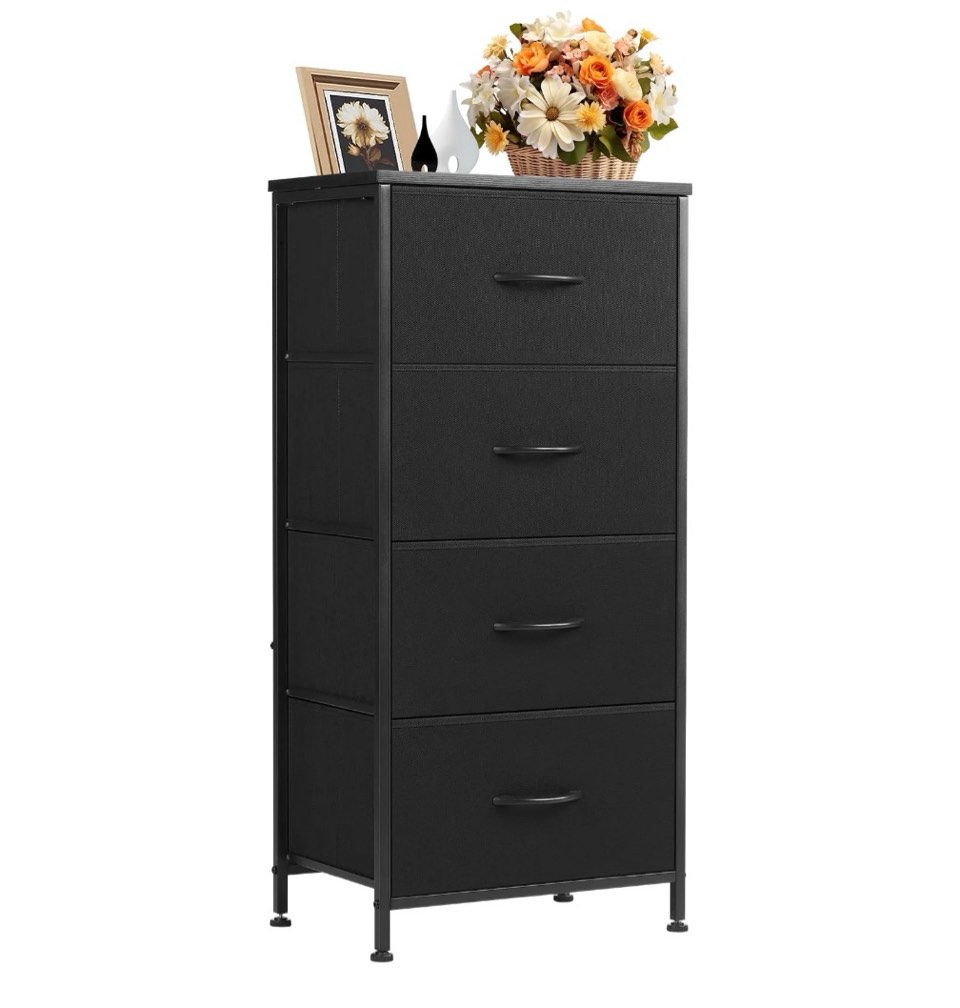 CONCETTA 4 Drawer Dresser, Wide Chest Drawers Nightstand Storage Tower Storage Fabric Dresser With Wood Top for Living Room, Bedroom, Closet, Black