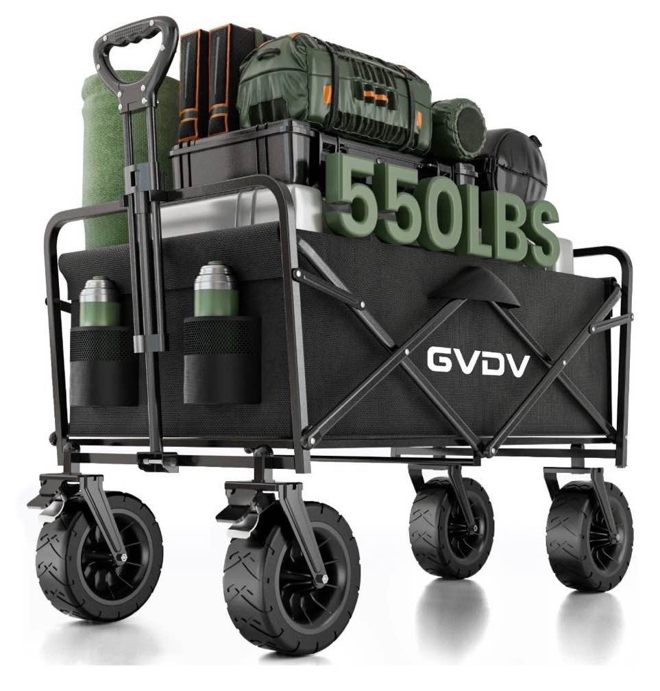 GVDV Collapsible Folding Wagon, 550LBS Large Heavy Duty Utility Cart with All-Terrain Wheels and Adjustable Handles for Shopping, Camping, Sports, Outdoor, Beach, Black