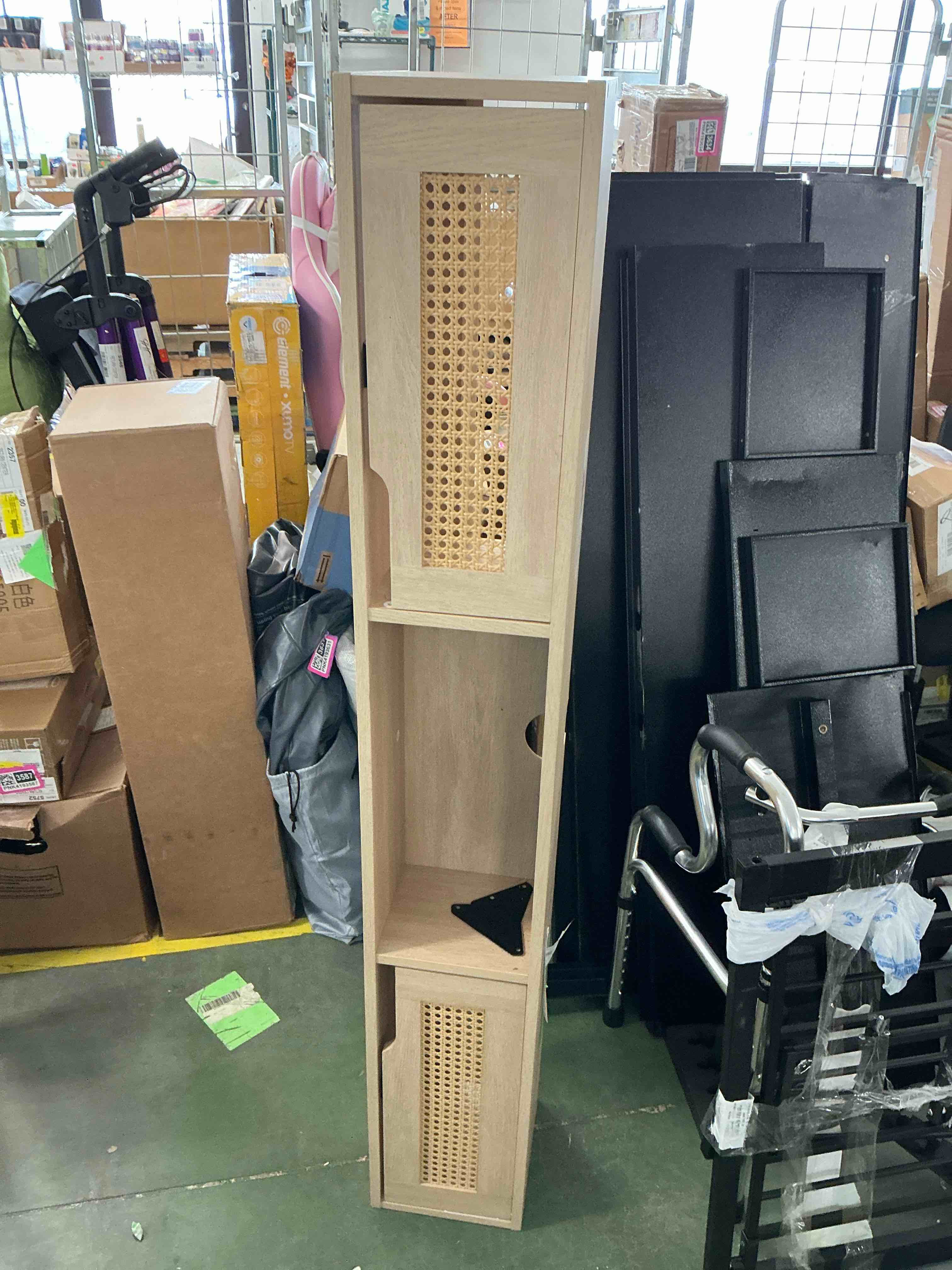 Condition photo showing Good Condition for Walker Edison HAMMF2FCO 8.75 x 9 x 58 in. Floating TV Stand with Rattan Door, Coastal Oak