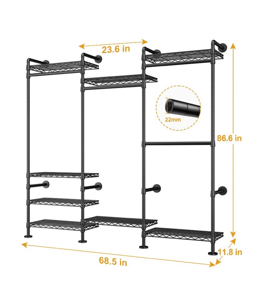 Condition photo showing New/Like New for M6 Clothes Rack,Heavy Duty Freestanding Garment Rack Closet Organizer for Walk-In Closets – Wall-Mounted Multi-Level Storage for Clothes, 68.5" W x 11.8" D x 86.6" H, Black