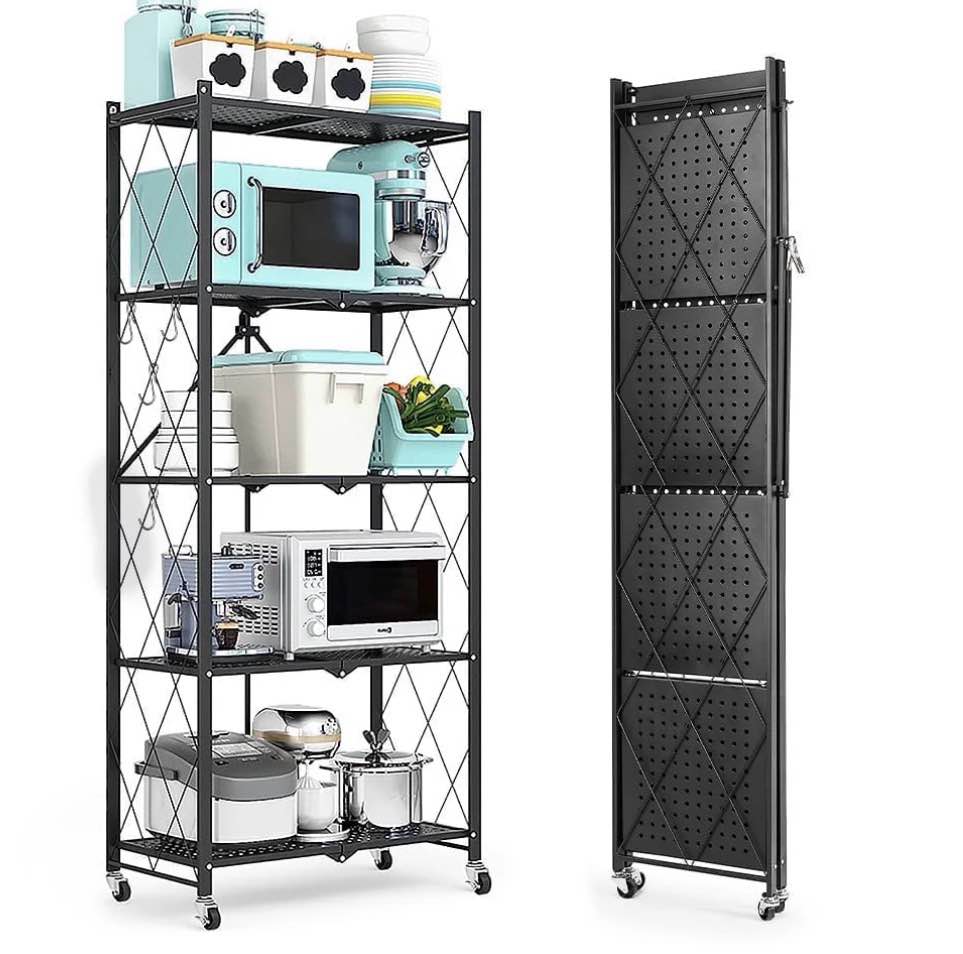COOKCOK 5-Tier Storage Shelving Unit  Metal Shelf 27.9 x13.4 x62.5  Foldable Storage Shelf with Wheels  Garage Shelf  Metal Storage Rack  Kitchen Shelf with 4 Hooks  No Assemble Require