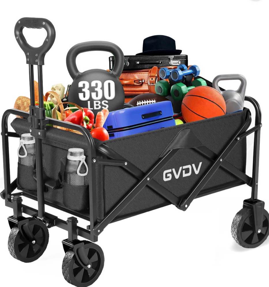 GVDV Collapsible Wagon Cart, Portable Utility Wagon for Camping, Beach, Picnic, Shopping, Sports, and Grocery Transport, Black