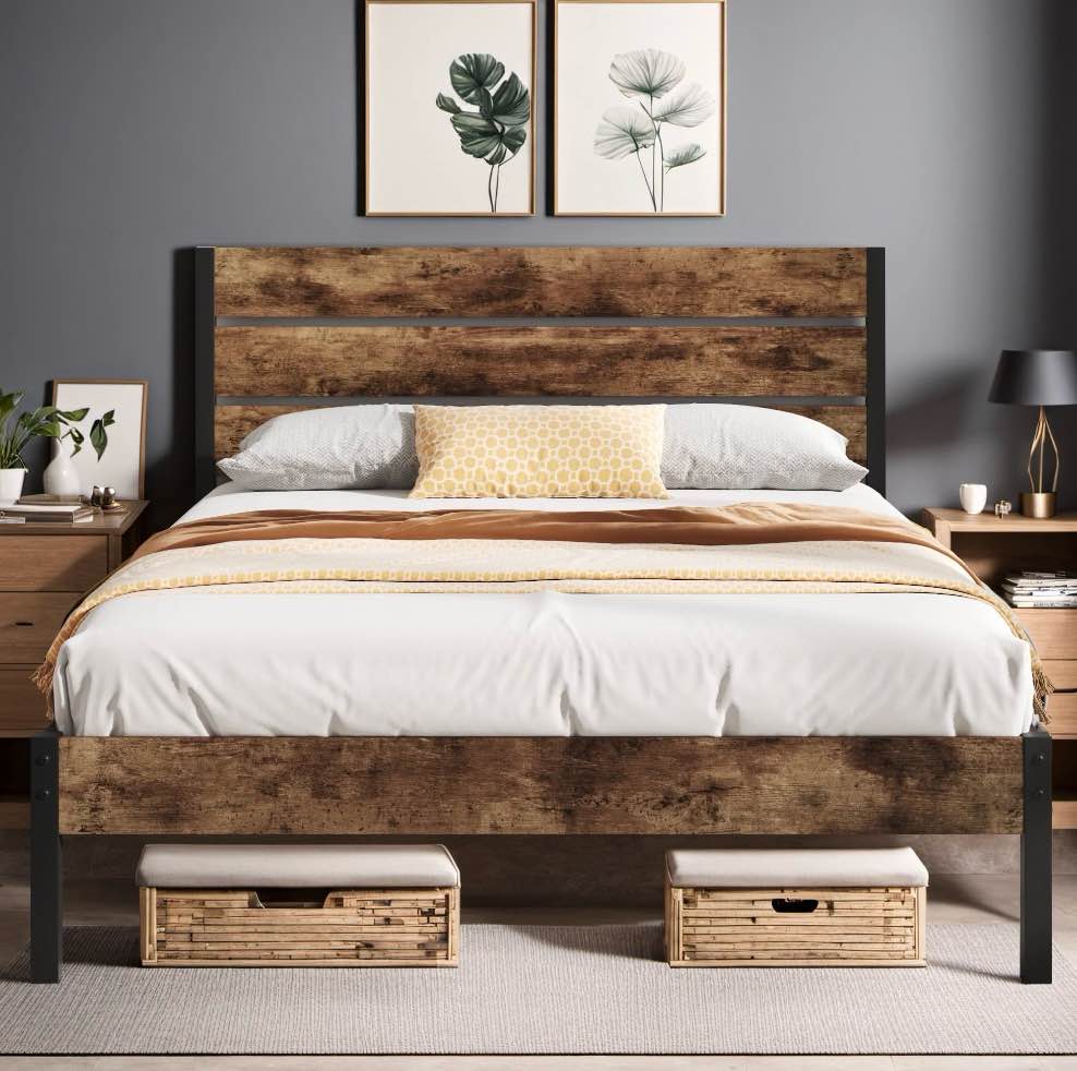 Lifezone Queen Bed Frame with Rustic Vintage Wood Headboard and Footboard,Metal Support,Rustic Brown