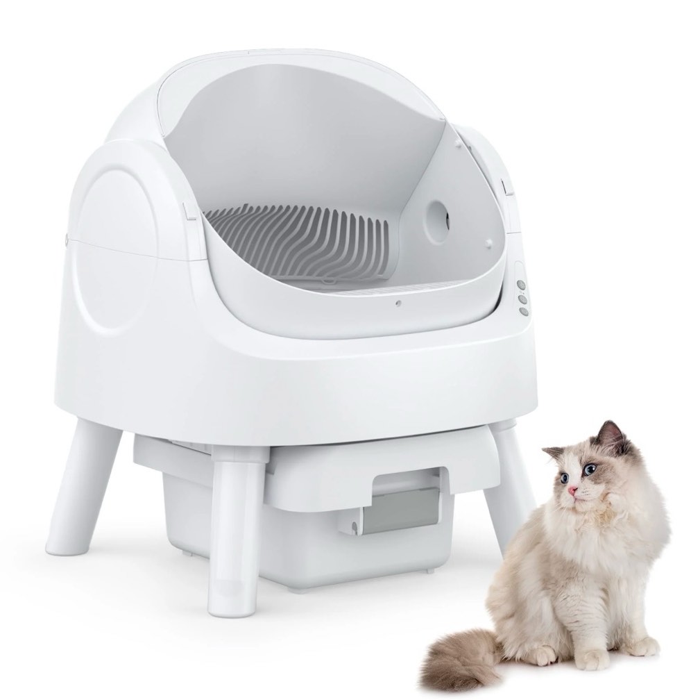 PetPivot Automatic Cat Litter Box Self-Cleaning with Safety Protection, Mat and Trash Bags Included, White