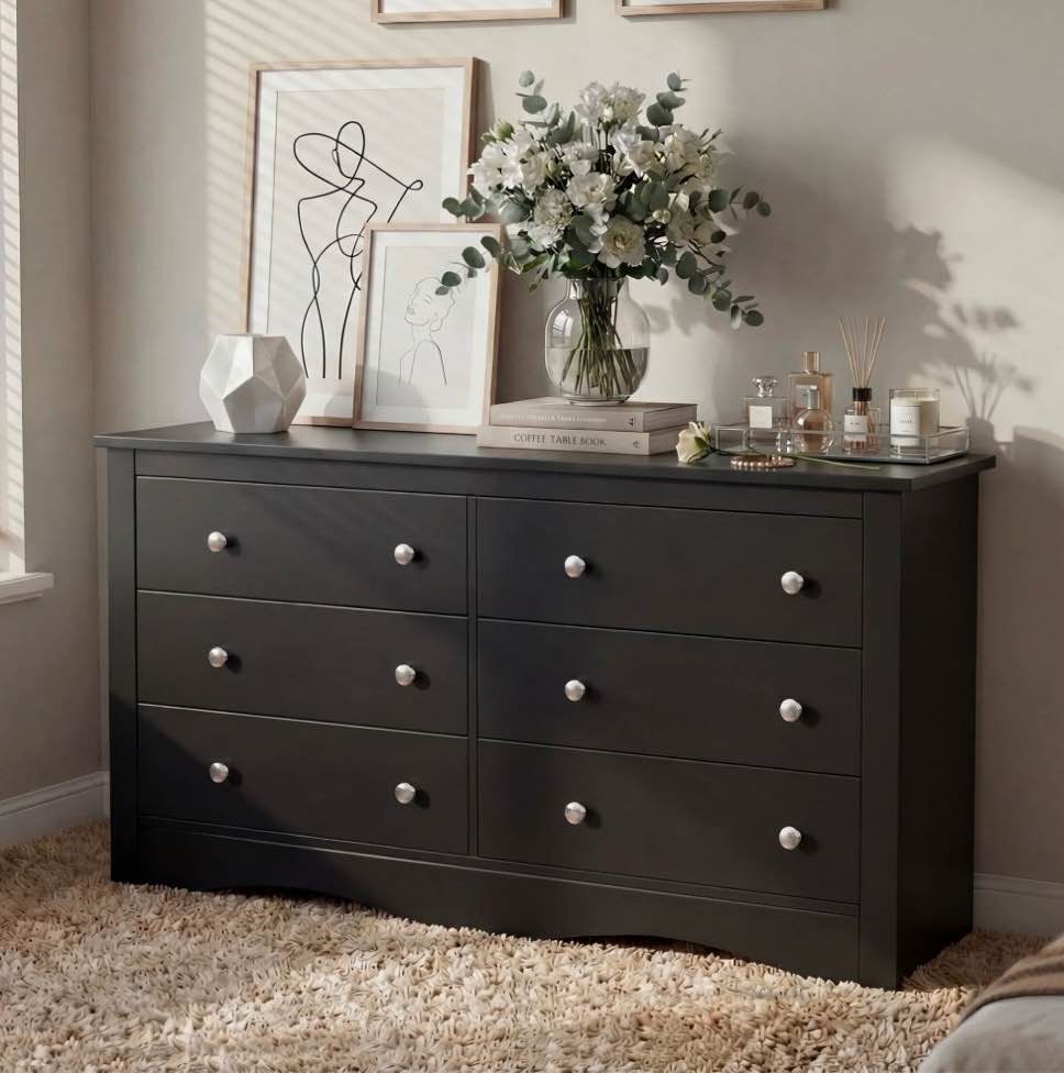 Homall 52'' Wide 6 Drawer Dresser for Bedroom, Modern Wood Chest of Drawers with Smooth-gliding Drawers, Storage Organizer for Bedroom Living Room, Black