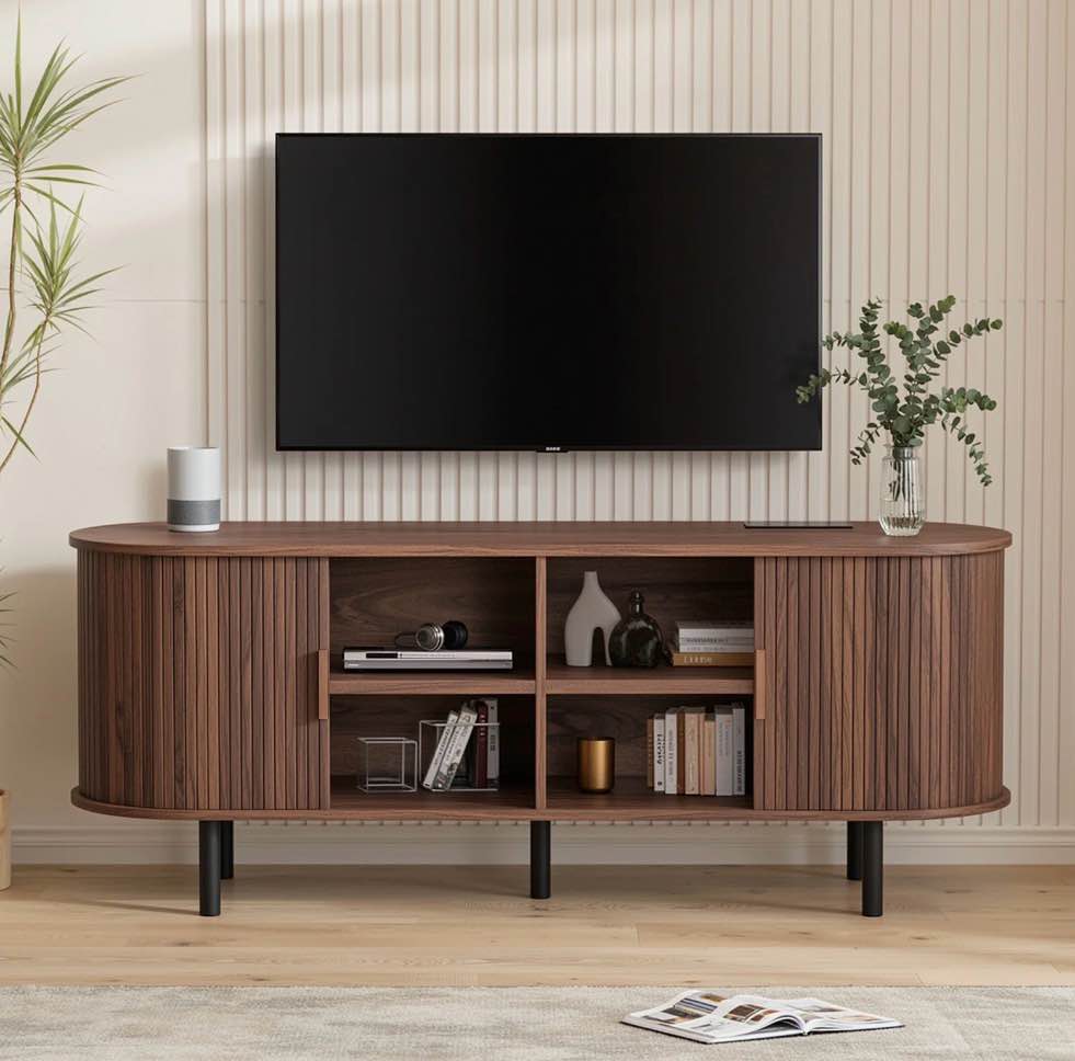 Marnur 55" Tv Stand For 60" Tv, Wood Entertainment Center With Storage And Shelves, 2 Sliding Tambour Doors, Mid-Century Modern