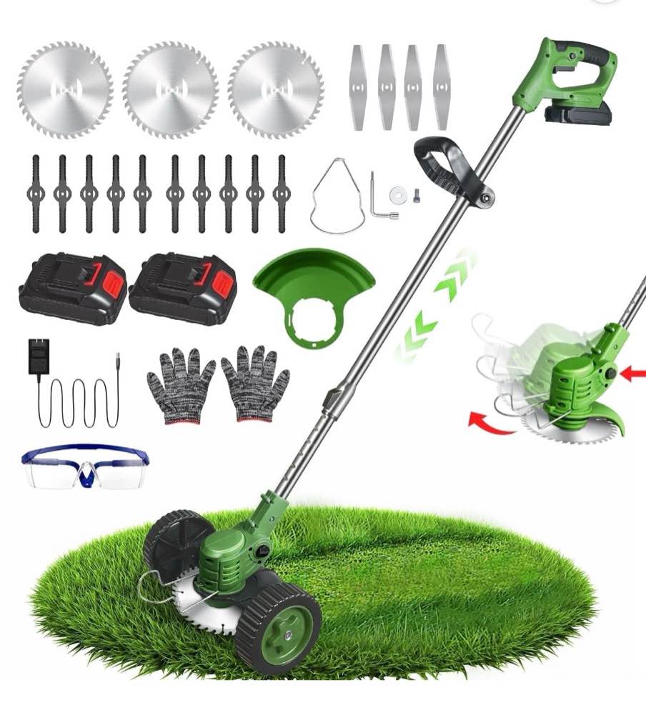 The Latest Small Portable Cordless Electric Lawn Mower/Lawn Cutter with 2 High-Capacity Lithium Batteries And 3 Types of Blades, Many Gifts, Multi-Function Weed Cutter for Yard and Garden(Green)
