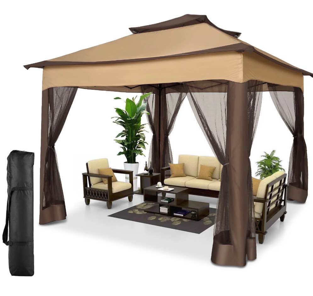 Condition photo showing New/Like New for SANOPY 11 x 11 ft Outdoor Patio Gazebo with Ventilated Double Roof and Mosquito Net Pop up Steel Canopy for Patios Backyard Garden and Beach