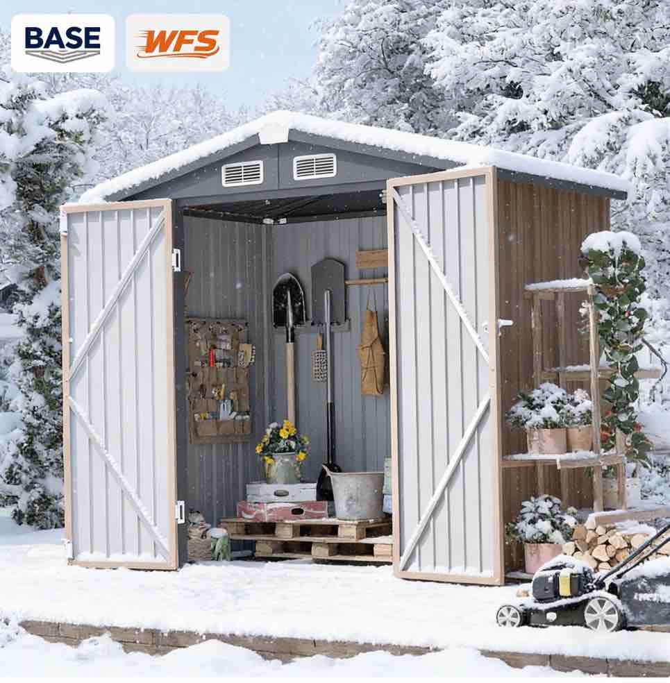 Condition photo showing As Is for Clouddwell 6x4 ft. Metal Storage Shed with Base, Galvanized Steel Outdoor Garden Shed (Brown)