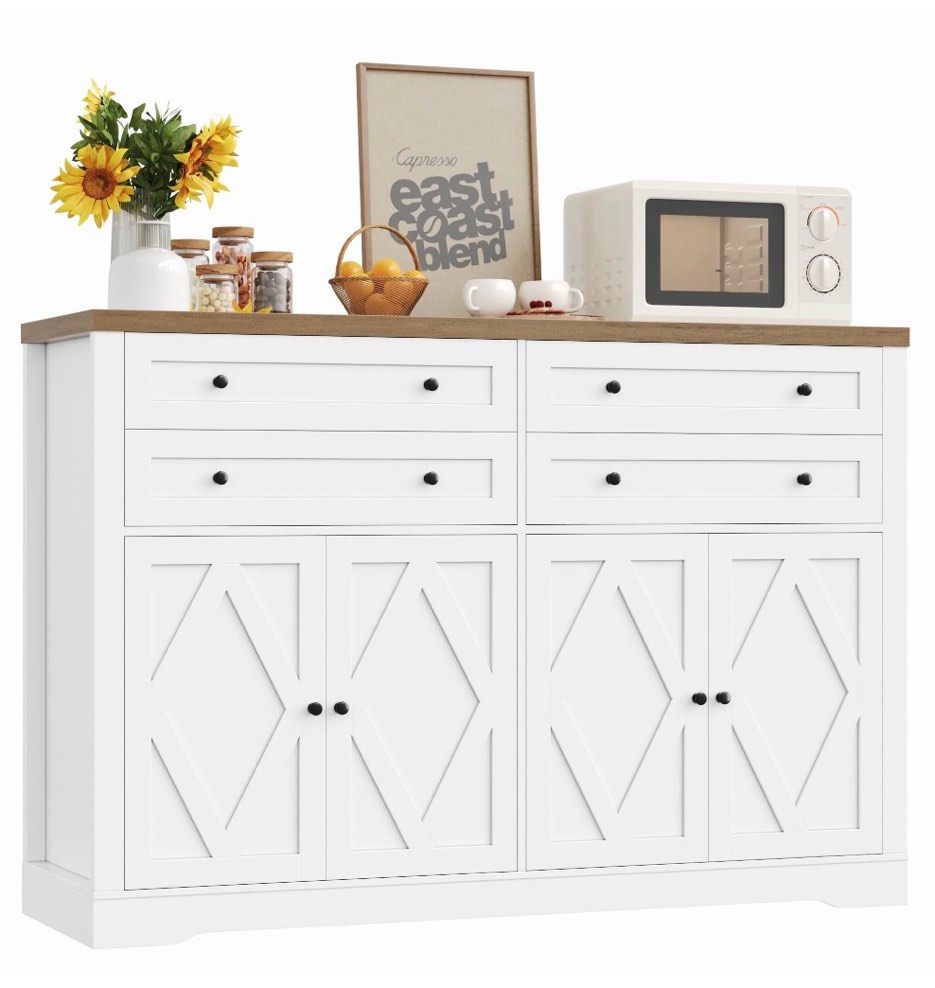 Condition photo showing New/Like New for Hiphuta 55" Wide Coffee Bar with 2 Adjustable Shelves, Modern Farmhouse Sideboard Buffet with 4 Drawers for Living Room, White