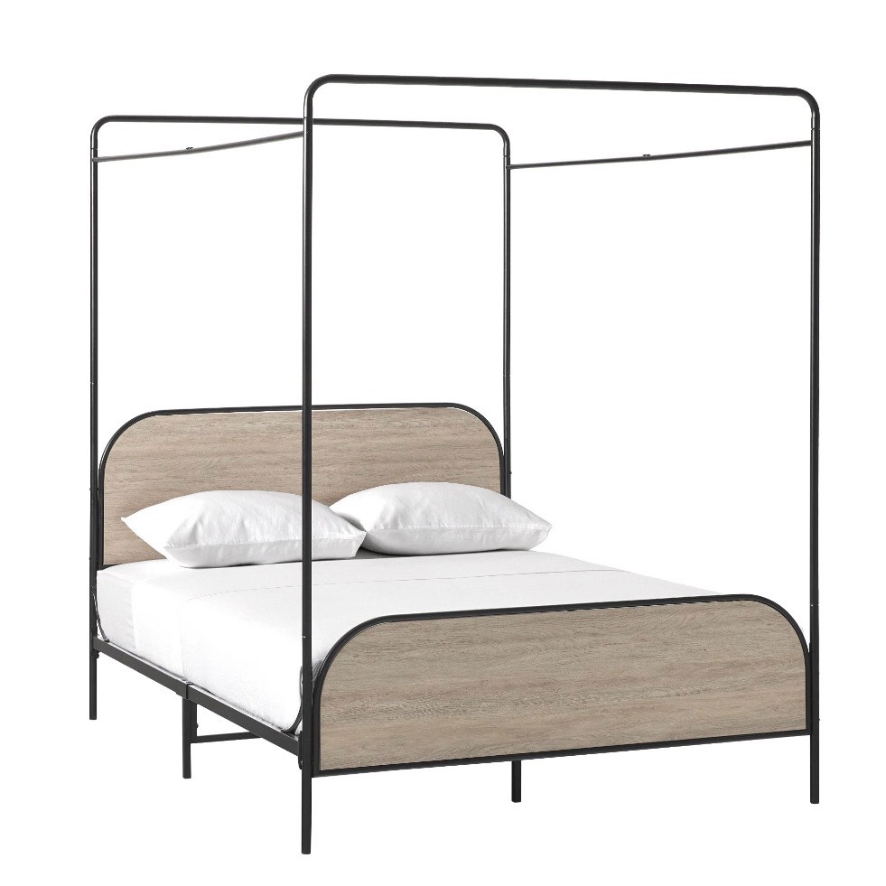 Condition photo showing Good Condition for Walker Edison Industrial Bent Mid-Century Metal Queen Size Canopy Bed in Smoked Oak