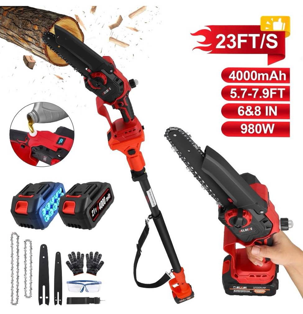 RELOIVE 2-in-1 Cordless Pole Saw & 6"&8" Mini Chainsaw with, 5.7-7.9FT Telescoping Branch Cutter with 2PCS 4000mAh Batteries and a Charger, Brushless Electric Pole Saw for Tree Trimming, Wood Cutting