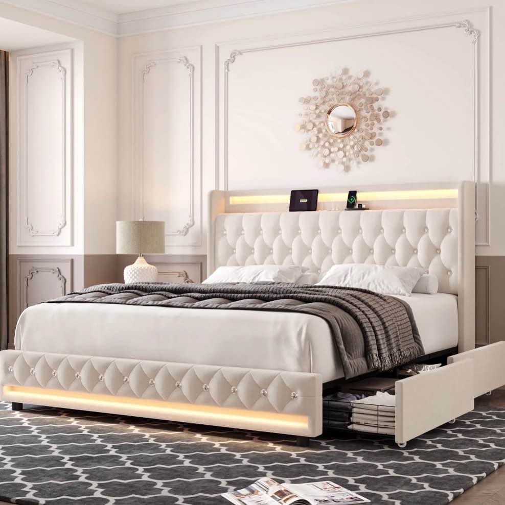 Homfa Full Size Led Bed Frame With Outlets And Usb Ports, 4 Storage Drawers Modern Wingback Crystal Button Tufted Velvet Upholstered Platform Bed Fram