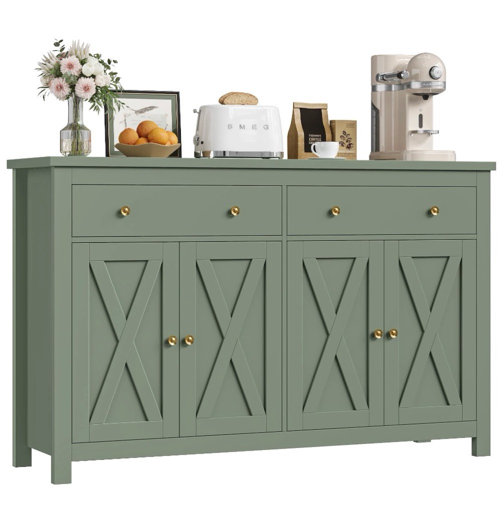 Condition photo showing New/Like New for Homfa 55.1W'' 4-Doors 2-Drawers Farmhouse Storage Cabinet, Wood Sideboard with Adjustable Shelves for Kitchen Dining Room, Green