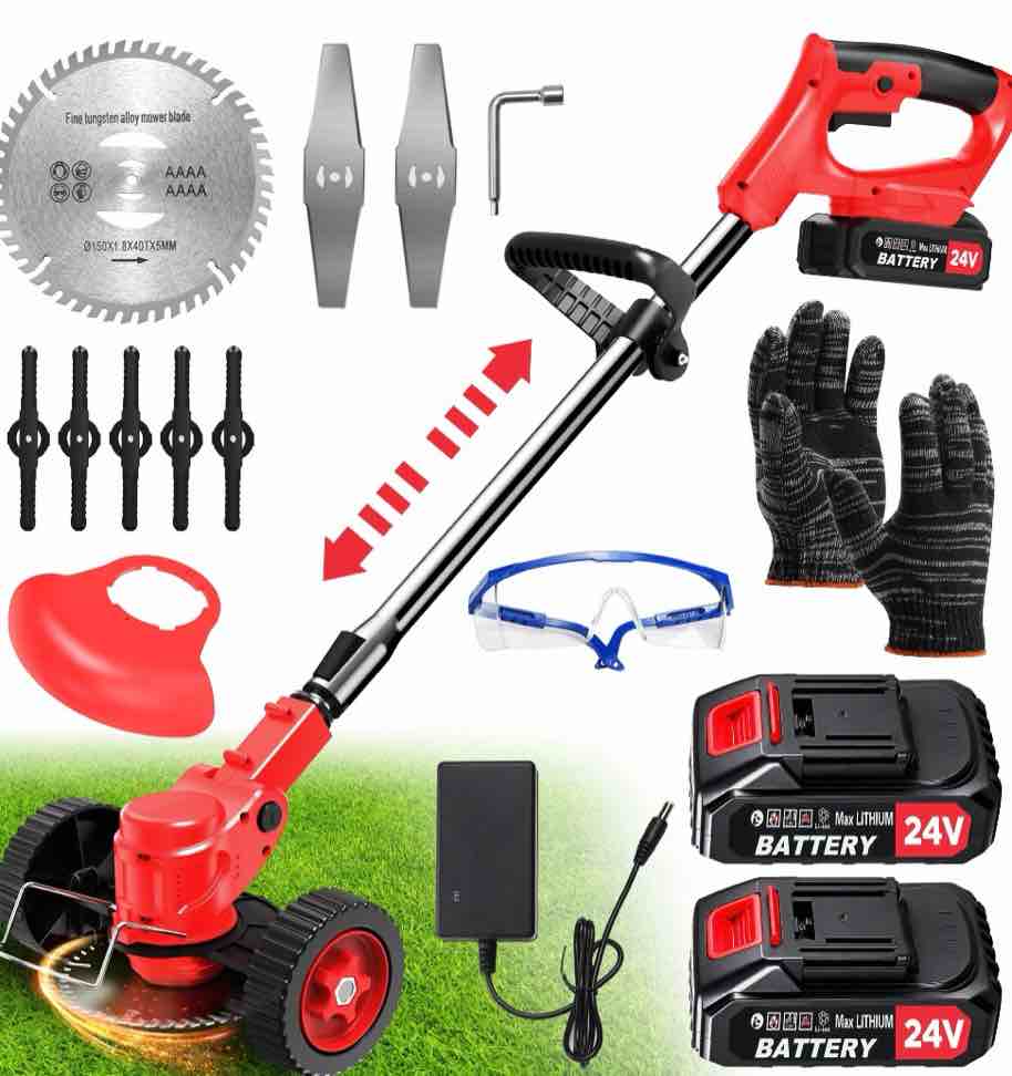 TNTANTS Electric Weed Wacker, Cordless String Trimmer with Wheels,  2Pcs 24V Batteries, 3 Types of Blades, Adjustable Length, Weed Eater Grass Trimmer/Edger/Brush Cutter for Lawn Yard Garden (Red)
