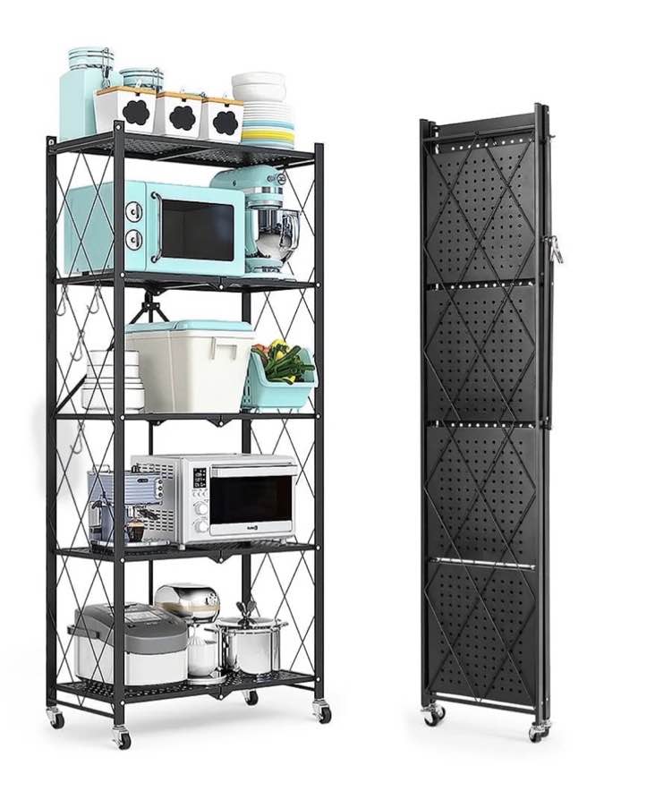 cookcok 5-tier storage shelving unit  metal shelf 27.9 x13.4 x62.5  foldable storage shelf with wheels  garage shelf  metal storage rack  kitchen shelf with 4 hooks  no assemble require