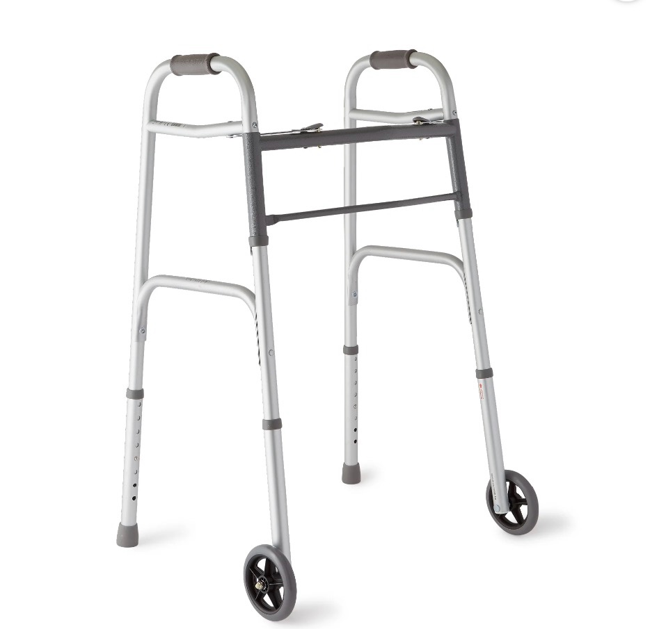 medline lightweight folding walker with 5” wheels aluminum frame supports up to 300 lbs.