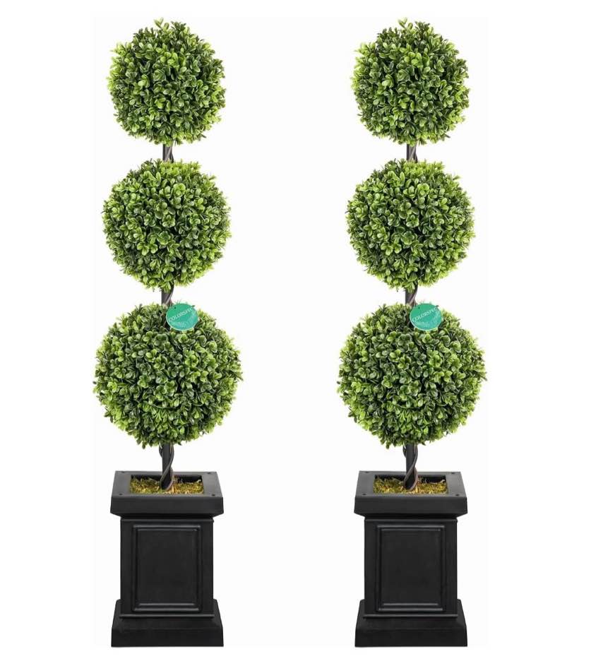 3.5ft boxwood outdoor topiary set of 2, tall all year green fake plant topiary trees artificial outdoor porch trees with sturdy pot for outdoor indoor (ball)