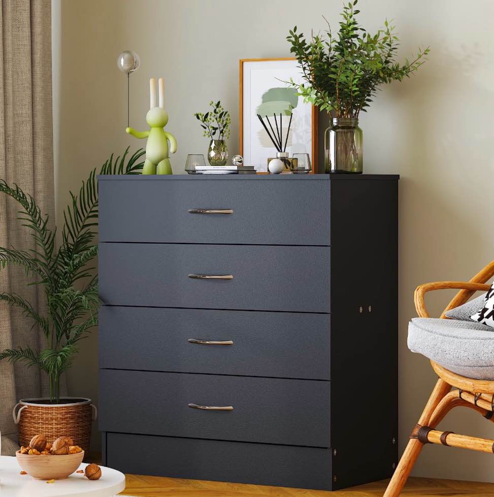 UBesGoo Black Chest of Drawers Dresser Wood Organizer Cabinet 4 Drawer Nightstand Side Table Furniture for Bedroom