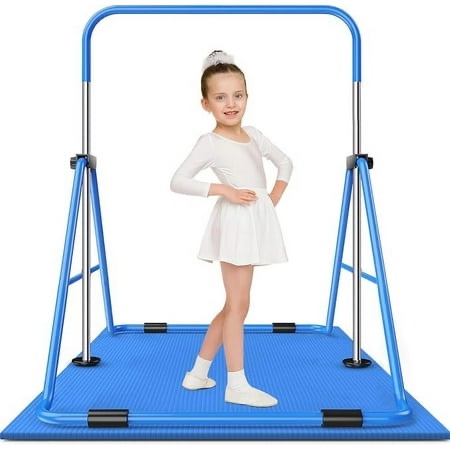 Safly Fun Gymnastics Bar with Mat for Kids, Height Adjustable Junior Training Bar Mat for Home, Folding Gymnastic Horizontal Bars Equipment (blue)