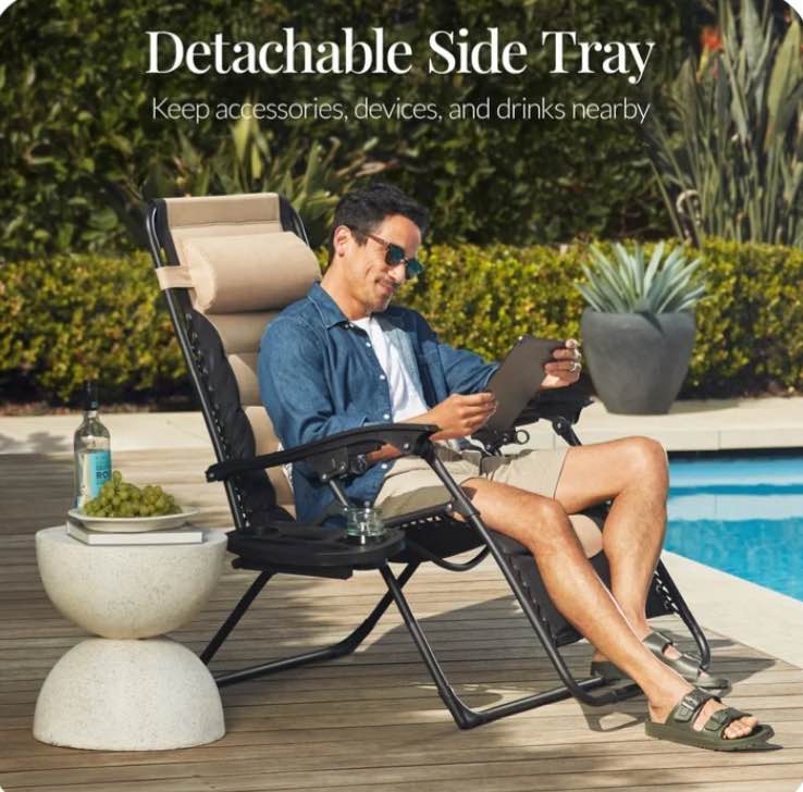 Best Choice Products Oversized Padded Zero Gravity Chair, Folding Outdoor Patio Recliner w/ Side Tray - Black