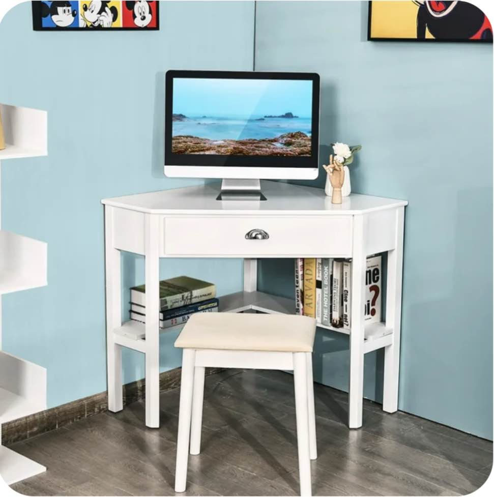 Costway Triangle Computer Desk Corner Office Desk Laptop Table w/ Drawer Shelves Rustic White