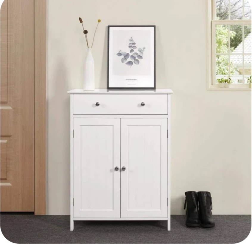 Zimtown White Wooden 2-Door Bathroom Cabinet Storage Organizer with 2 Shelves& 1 Drawer Freestanding