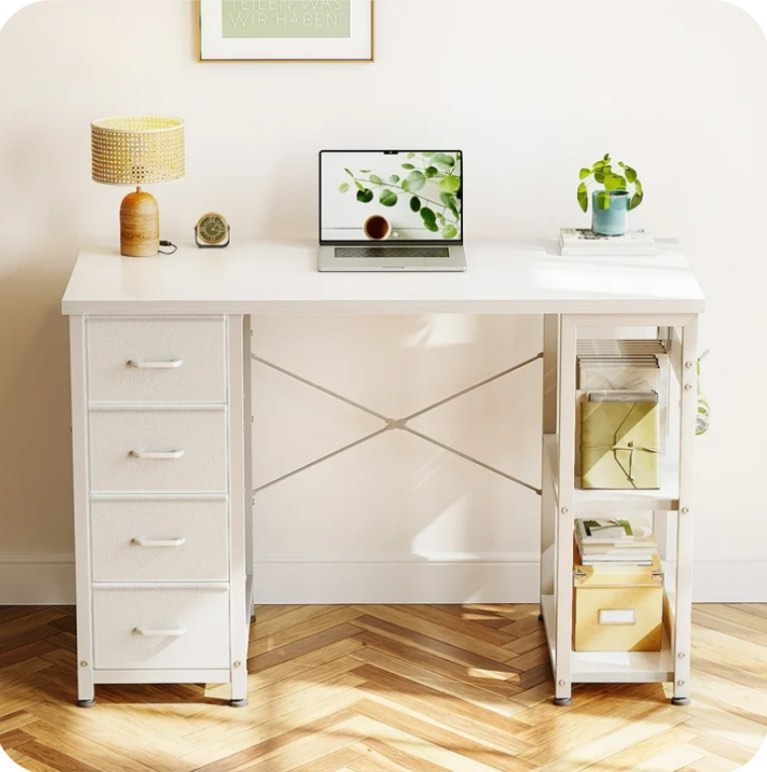 Casacomoda Computer Desk with Drawers & Storage Shelves, 40 Inch Corner Desk for Home Office Bedroom, Small Teen PC Desks with Fabric Drawer, White