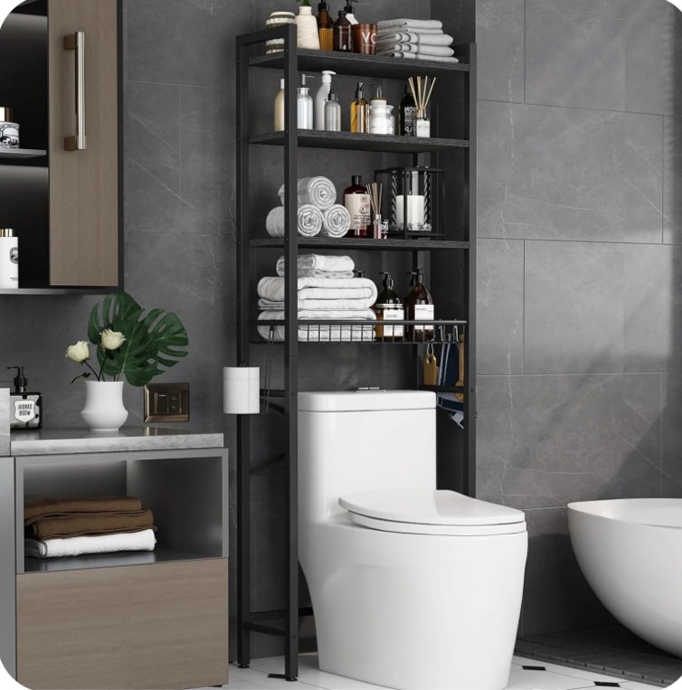 Biemlerfn Over The Toilet Storage Shelf, 4-Tier Wooden Bathroom Organizer Adjustable Saver Space Rack with Toilet Paper Holder, Classic Black