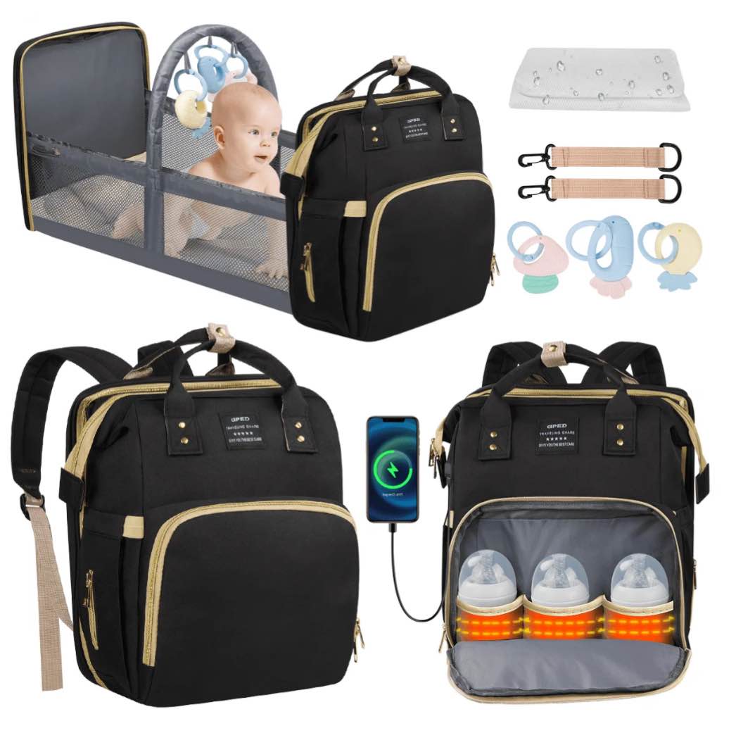 Diaper Bag Backpack, Multifunctional Baby Changing Bag with Foldable Crib &Insulated Milk Bottle Pockets, Large Capacity Portable Travel Backpack with USB Charging Port, Nappy Bag for Moms Dads,Black