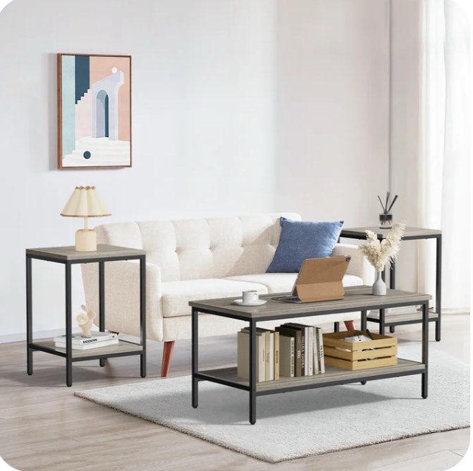 JOZ 3-Piece Coffee Table Set for Living Room, End Table Set with Storage, Includes 1 Coffee Table and 2 End Tables, Rock Gray