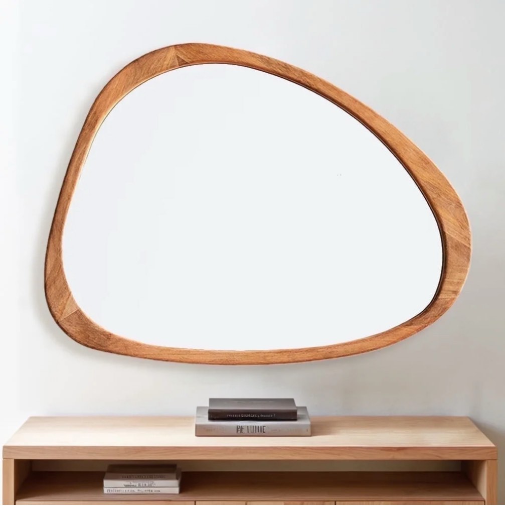 Mid-Century Handcrafted Asymmetrical Polished Wood Wall Mirror,Asymmetrical Bathroom Mirror Has Frame