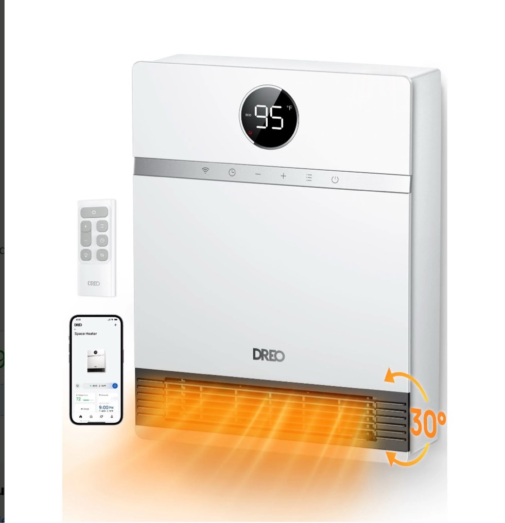 Dreo Smart Wall Heater, IP24 Electric PTC Space for Indoor Use, 30 Oscillation, Adjustable Thermostat, Remote Control, Works With Alexa, 24H Timer, Easy-Mounted for Bedroom, Office