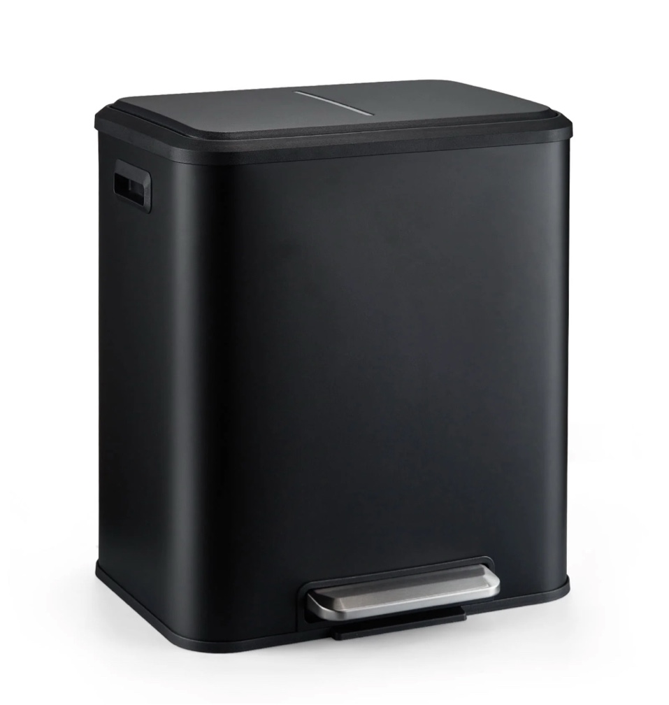 Dual Trash Can for Recycling and Trash, 2 x 15 L (30 L) Stainless Steel Kitchen Trash Can with Lid and Foot Pedal, Double Compartment Garbage Can, Trash Can with Recycling Bin