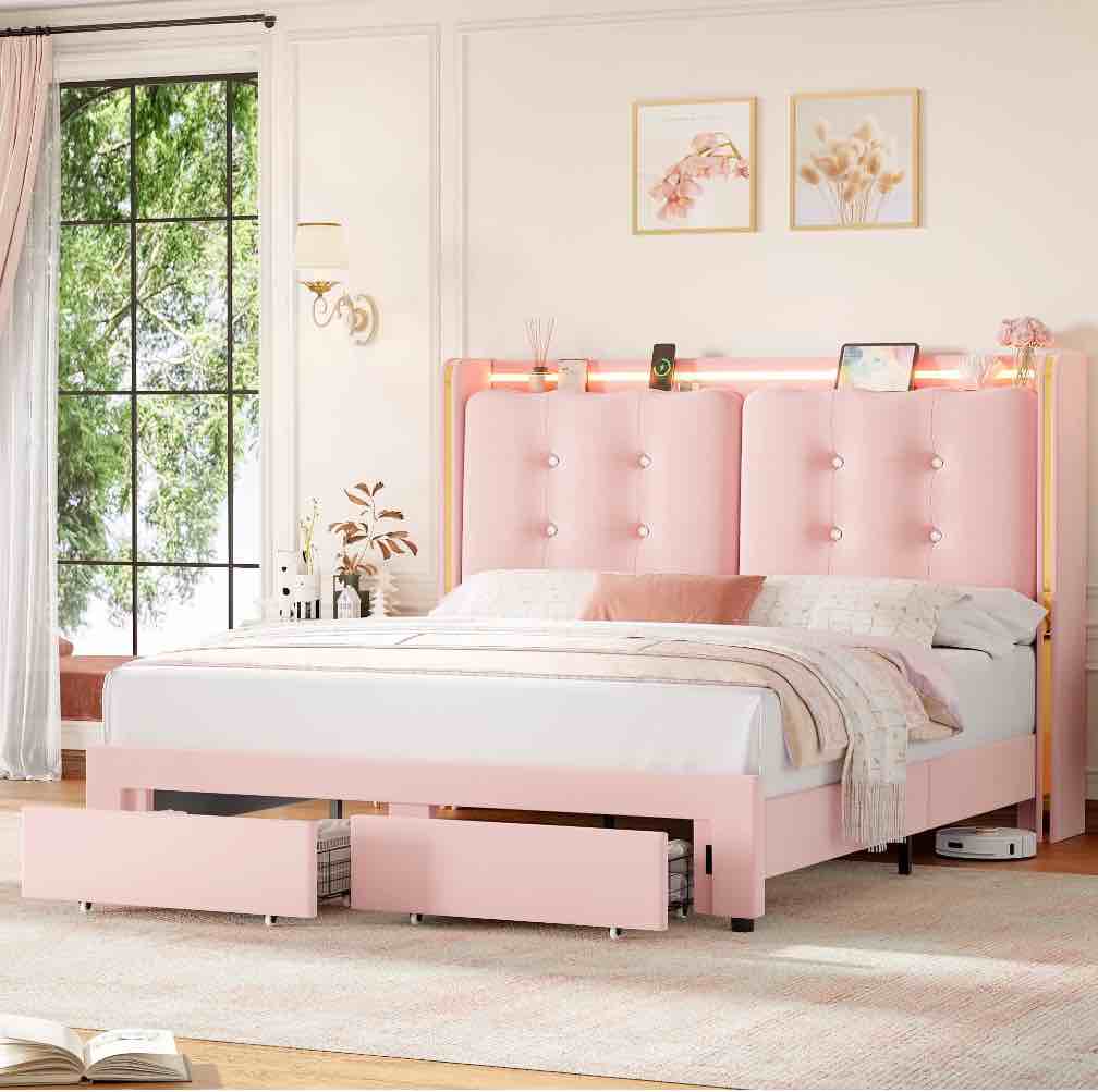 Homfa Full Size LED Bed Frame with Drawer, Velvet Crystal Button Upholstered Platform Bed Frame with Outlets and USB Ports & Display Platform, No Box Spring Needed, Pink