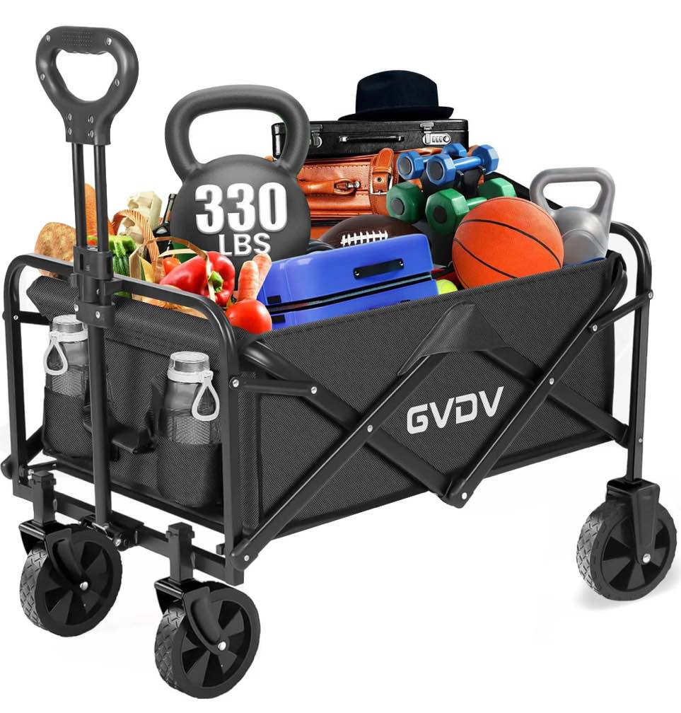 GVDV Collapsible Wagon Cart, Portable Utility Wagon for Camping, Beach, Picnic, Shopping, Sports, and Grocery Transport, Black
